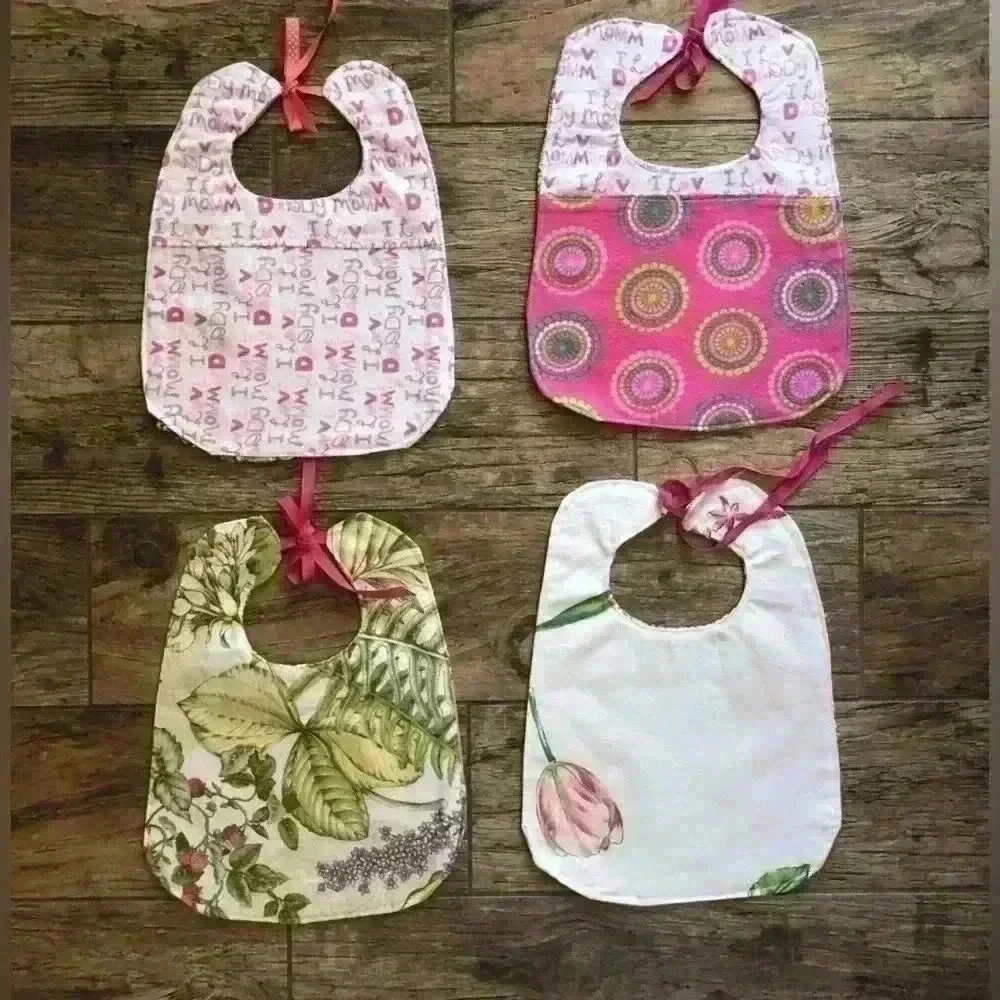LOT OF 4 BABY GIRL PINK HANDMADE VTG FABRIC BIBS